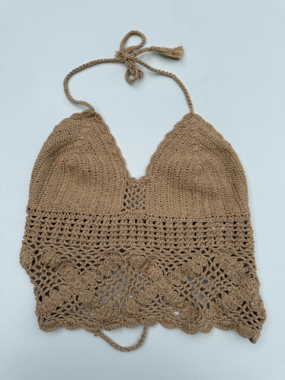 Handmade Crochet Halter Crop Top — Camel Brown Size M